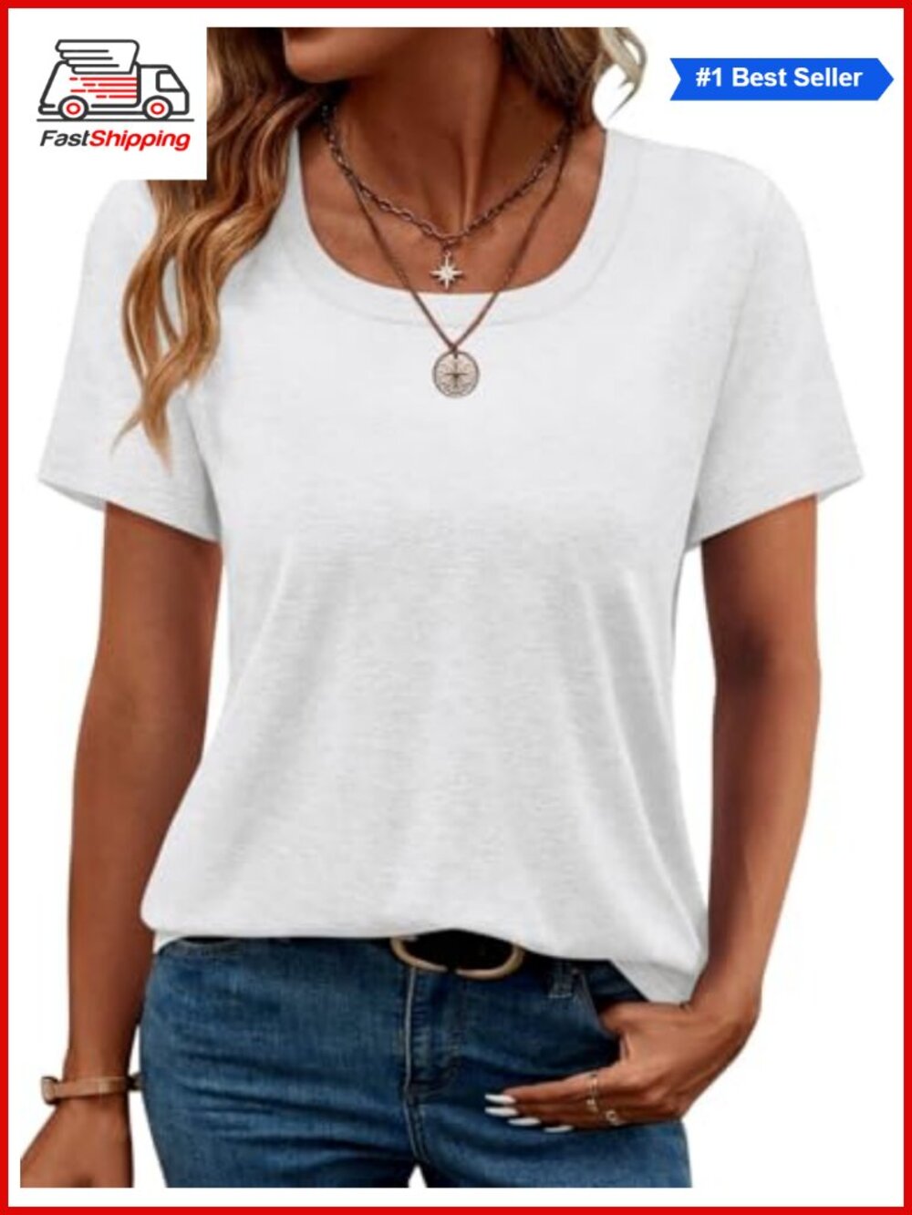 Women's Square Neck Short Sleeve Top Casual Loose Fit T-Shirt Relaxed Tee